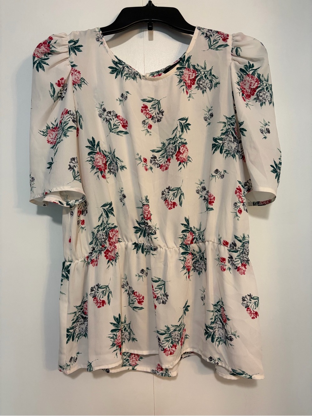 Banana Republic Cream Floral Puff-Sleeve Peplum Blouse M